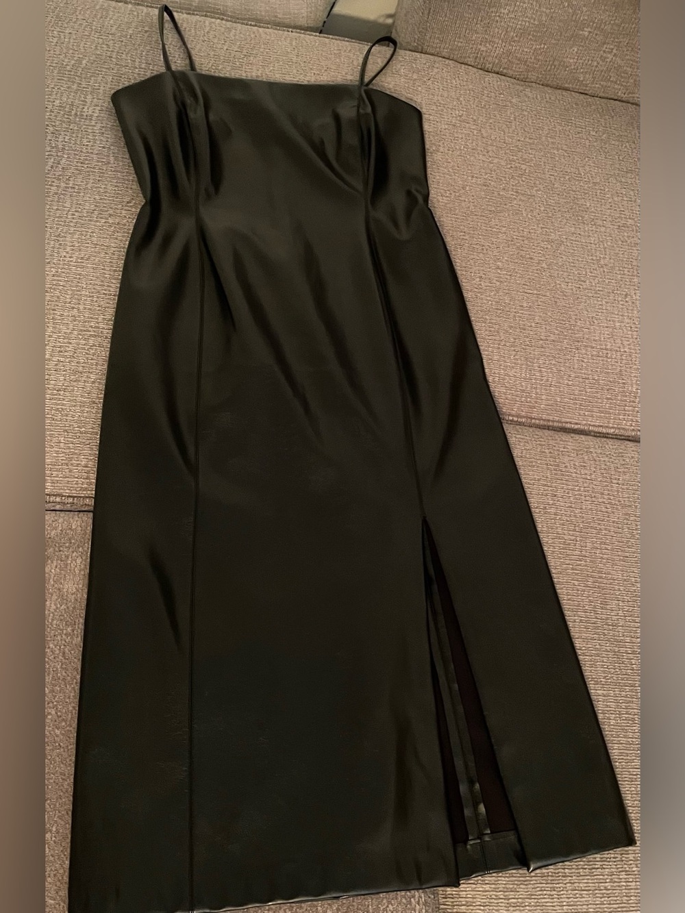 Steve Madden Black Vegan Leather Midi Dress Spaghetti straps & Side Slit Sz M